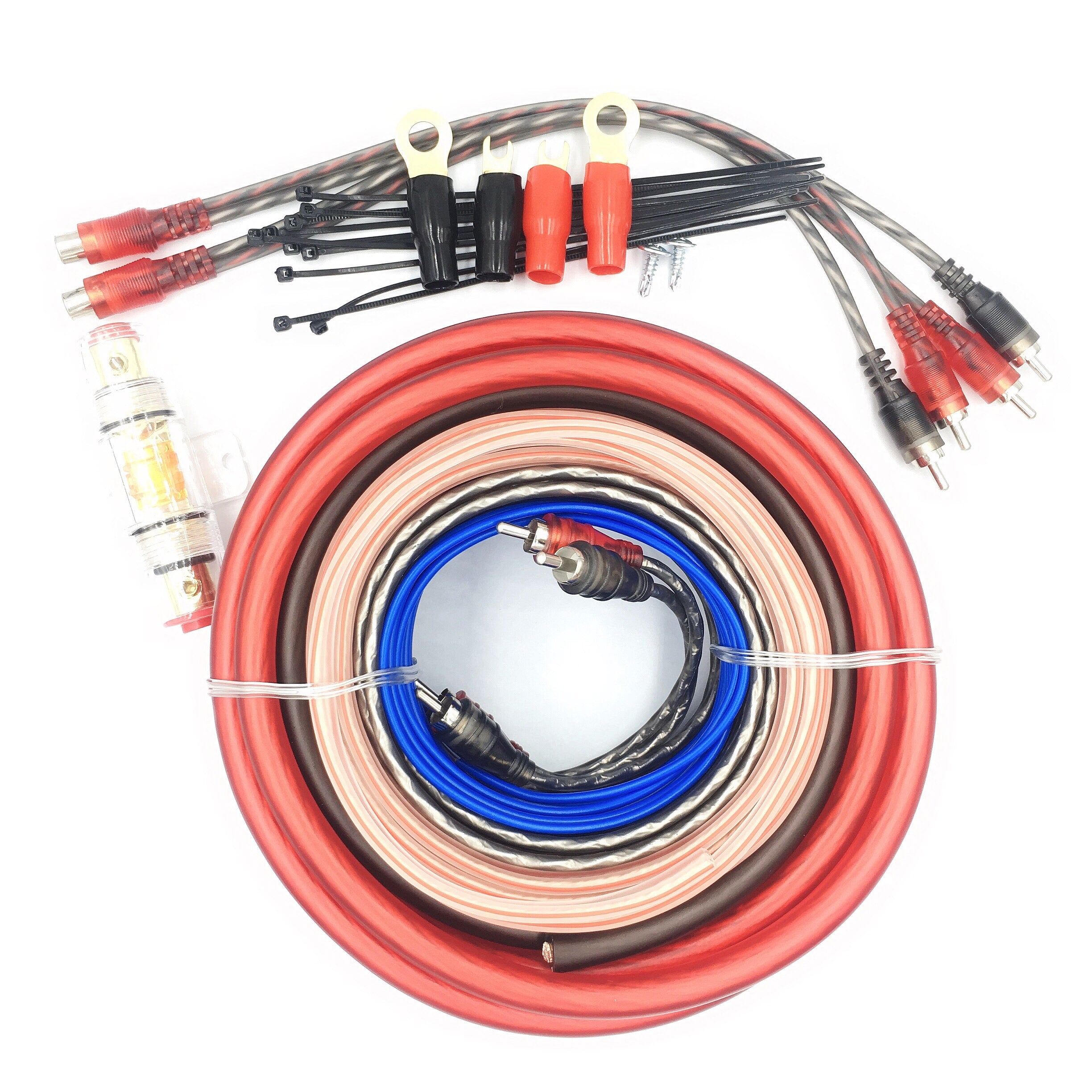 LT-KIT4 Complete Gauge #4 Car Amplifier Cable Kit featuring RCA plugs, primary wires, fuse, and terminals for car audio installation.